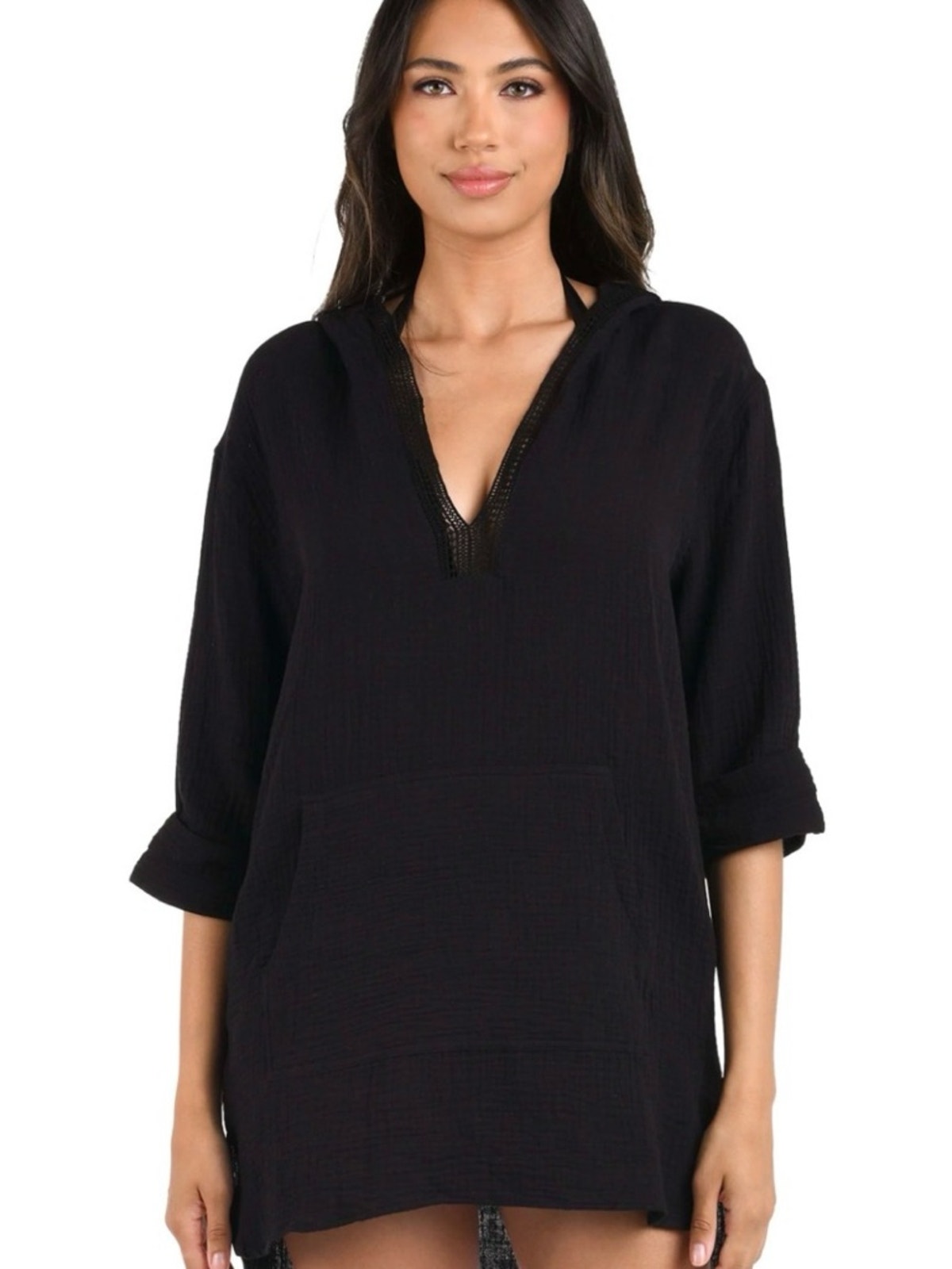La Blanca Seaside Cover Hoodie Black Gauze Swim Cover Up Small Euc